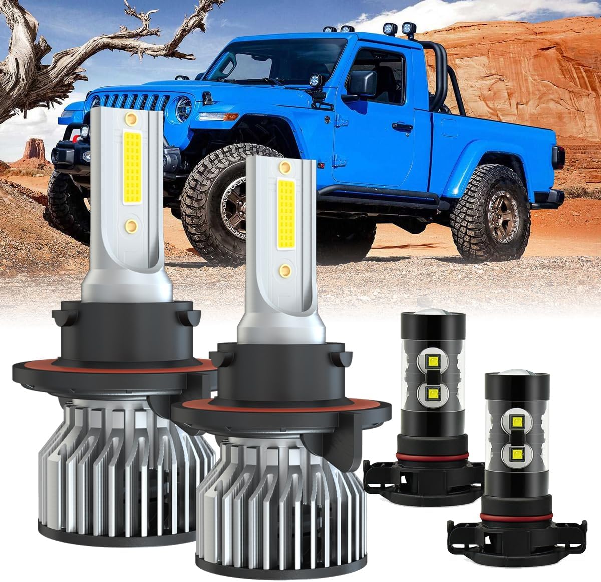 Upgraded Headlight Bulb fit for 2020-2022 Jeep Gladiator,9008/H13 Hi/Lo Bulb+5202 Fog Lights,500% Bright 6000K 33000LM 110W, Mini Size Halogen Replacement Bulb,IP68,4PCS