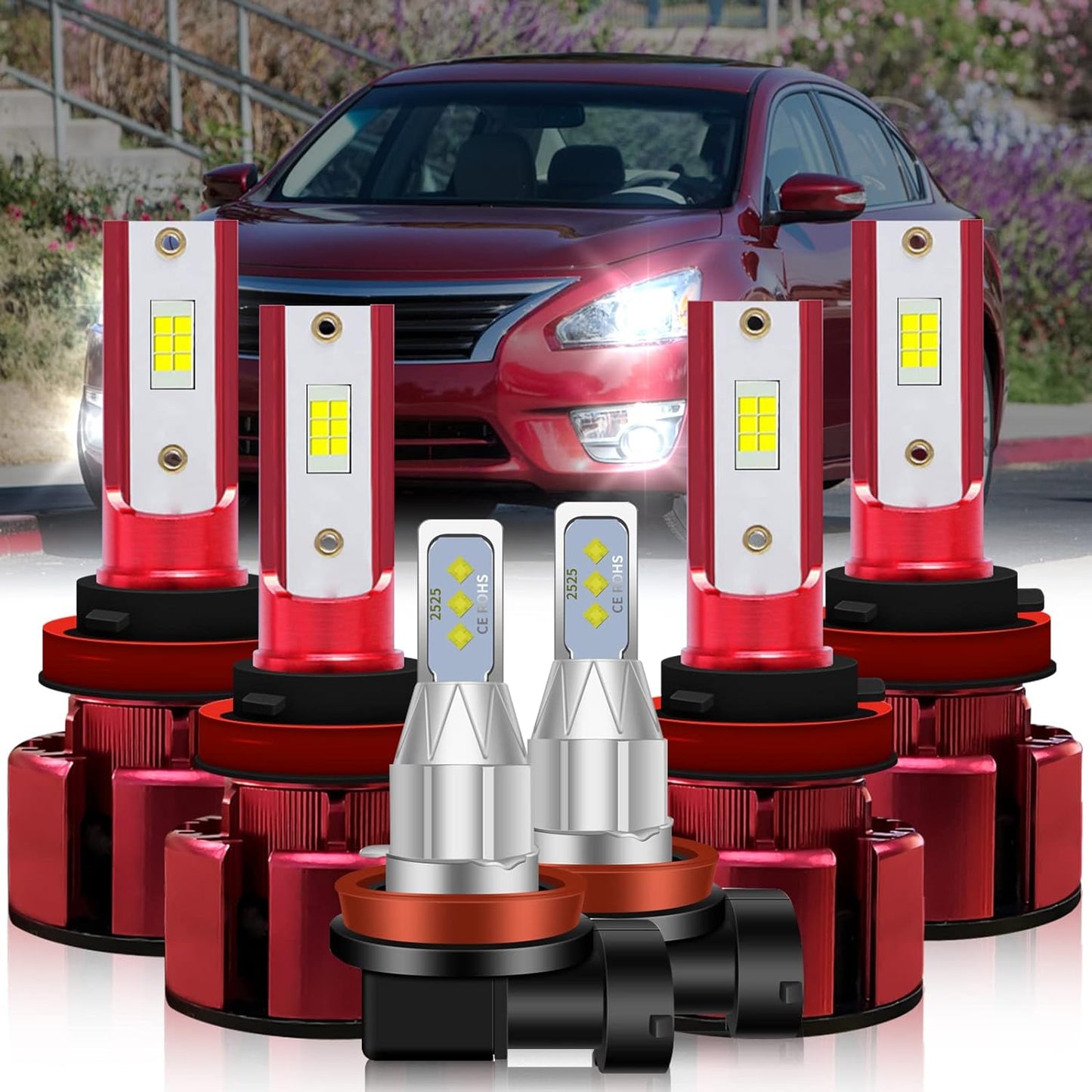Fit for NISSAN ALTIMA(2007-2018) Headlight Bulbs,H11/H9 High Beam+H11/H9 Low Beam+H11/H8 Fog Light Bulbs 500% Brightness 80W 38000LM 6500K White 6pcs Bulbs Kit
