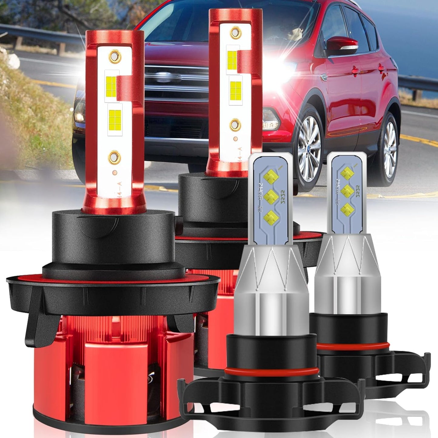 Fit For Ford Escape 2008-2012 LED Headlight Bulbs, H13 LED Headlight Bulbs High&Low Dual Beam+5202 LED Fog Light Bulbs, 36000LM 6500K White 500% Super Bright H13 LED Headlights, 4pcs