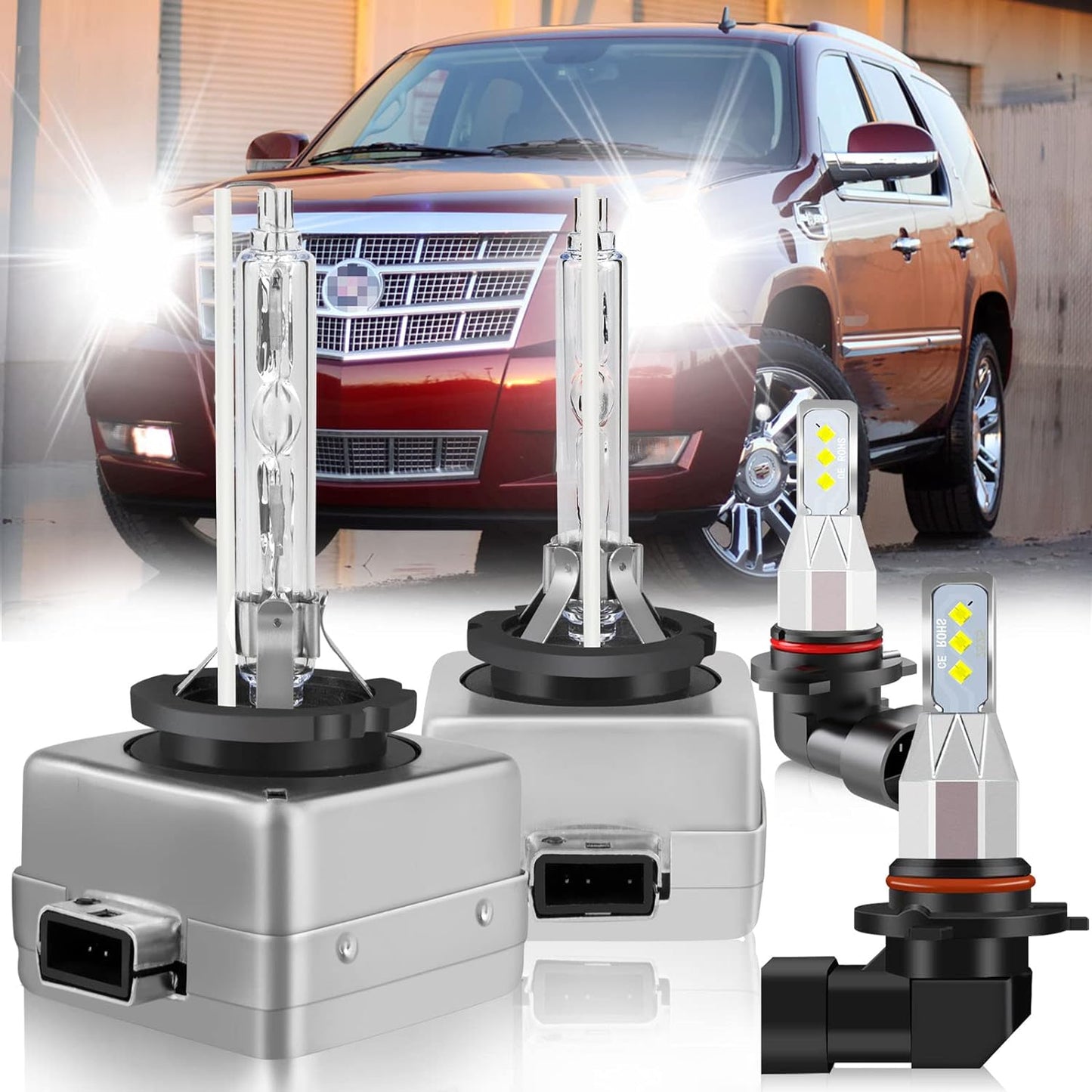 Fit For Cadillac Escalade 2007-2014 LED Bulbs, D1S Hid Bulb High Low Beam+9145/H10 LED Fog Light Bulbs, D1S Hid Headlights 6500K 36000LM, 4pcs D1S 9145 Light Bulbs