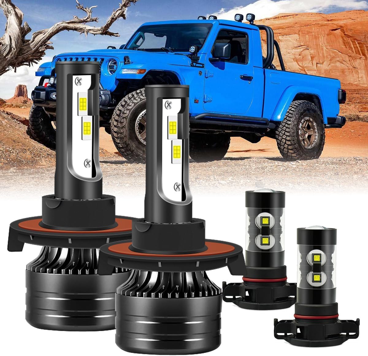 Upgraded Headlight Bulb fit for 2020-2022 Jeep Gladiator,9008/H13 Hi/Lo Bulb+5202 Fog Lights,500% Bright 6000K 33000LM 110W, Mini Size Halogen Replacement Bulb,IP68,4PCS