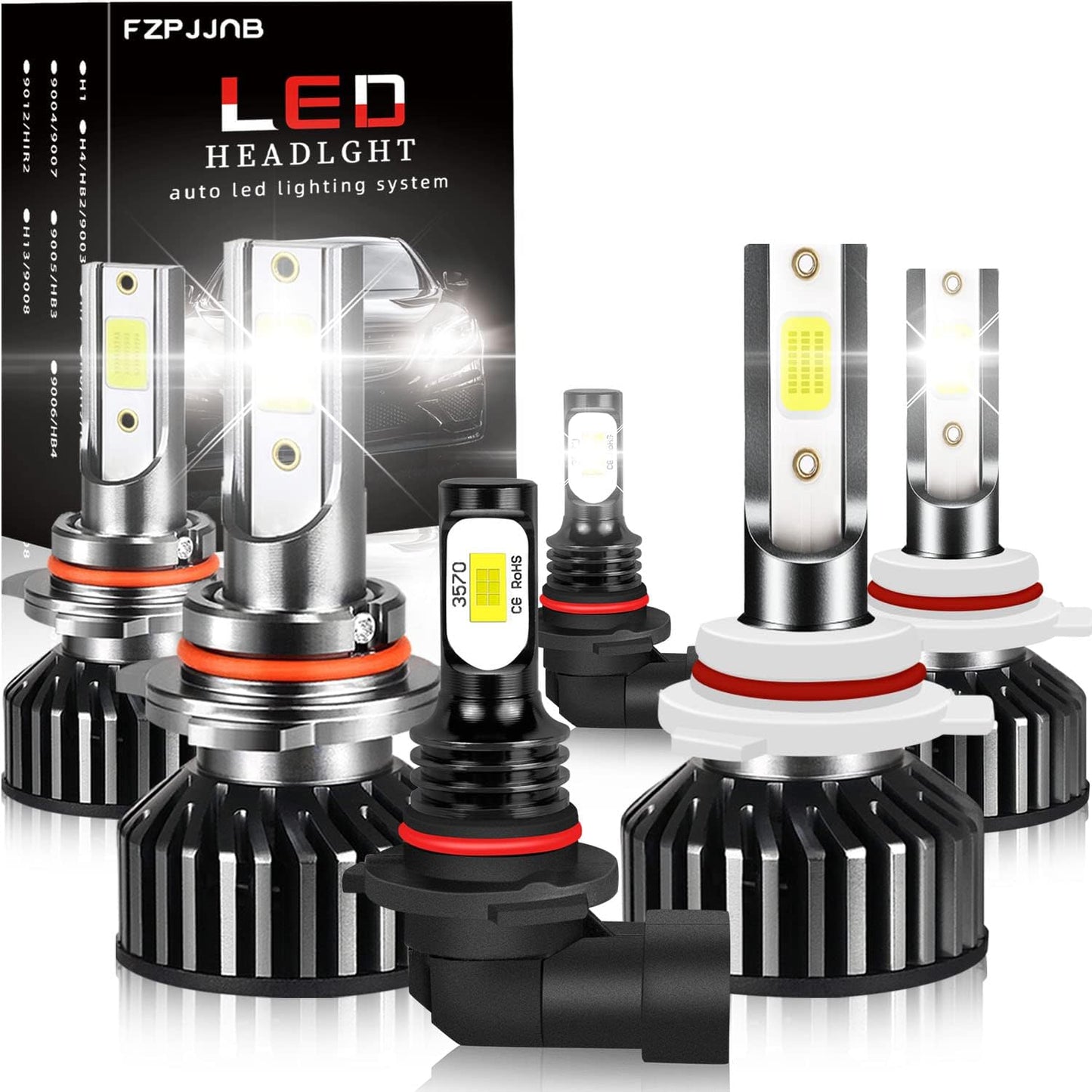 Fit for DODGE RAM 1500 2500 3500 (2002-2005) LED Bulbs 9007 High/Low Beam + 9006 LED Fog Light Bulbs Combo, 300% Brightness, 6000K Cool White, IP68 Waterproof Halogen Replacements, 4PCS