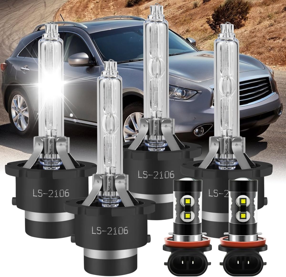 LED Fit For Infiniti FX35 2003-2005,Super White 6000K 18000LM 80W Headlight Bubls,D2S Hi/Lo HID Bulbs+9006/9145 Fog Bulbs,Plug N Play,6PCS
