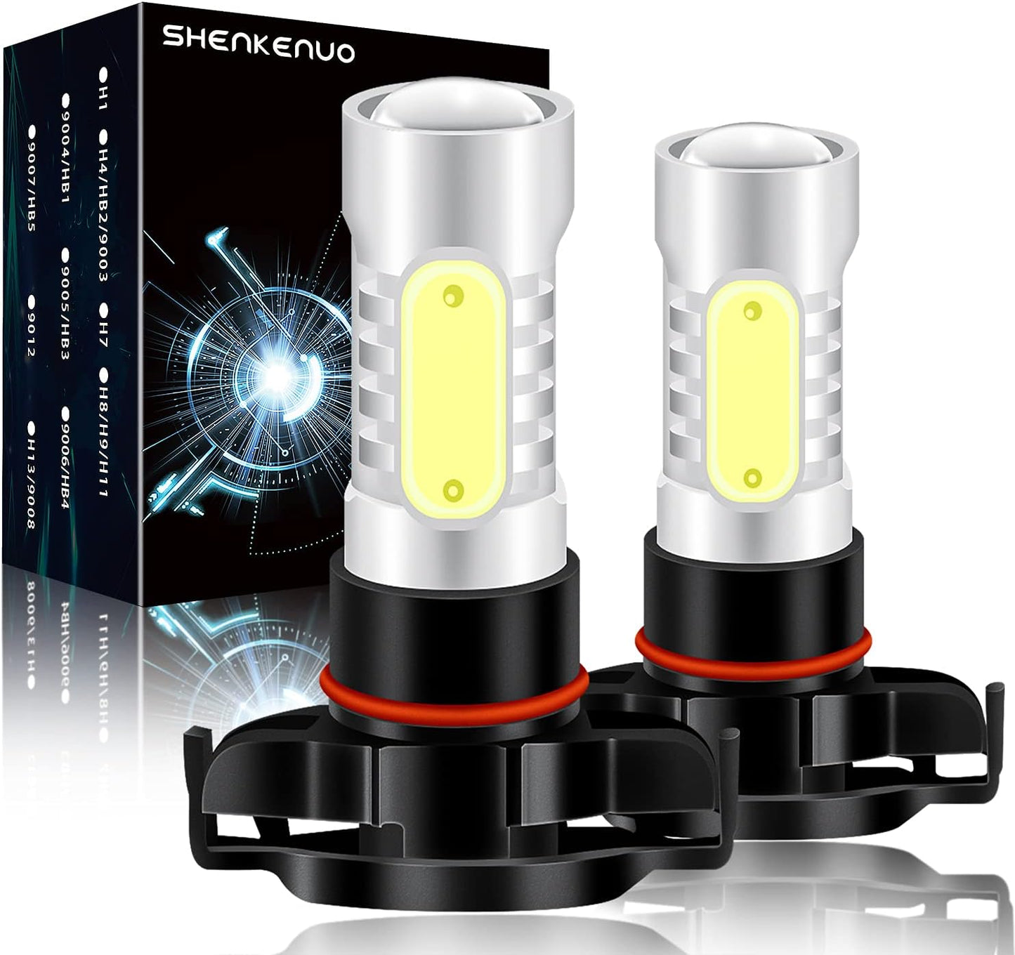 SHENKENUO 5201/5202 LED Fog Light Bulbs, 6000K Cool White, DRL Bulbs Replacement for 12V 24V Cars, Pack of 2