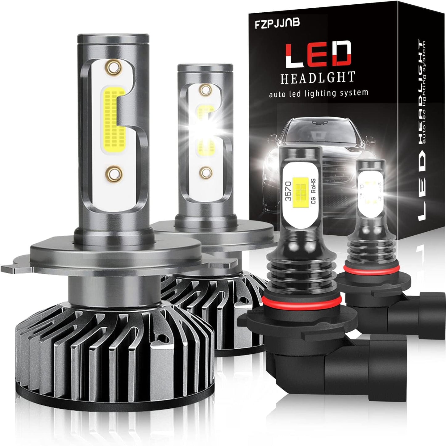 Fit for DODGE RAM 1500 2500 3500 (2002-2005) LED Bulbs 9007 High/Low Beam + 9006 LED Fog Light Bulbs Combo, 300% Brightness, 6000K Cool White, IP68 Waterproof Halogen Replacements, 4PCS