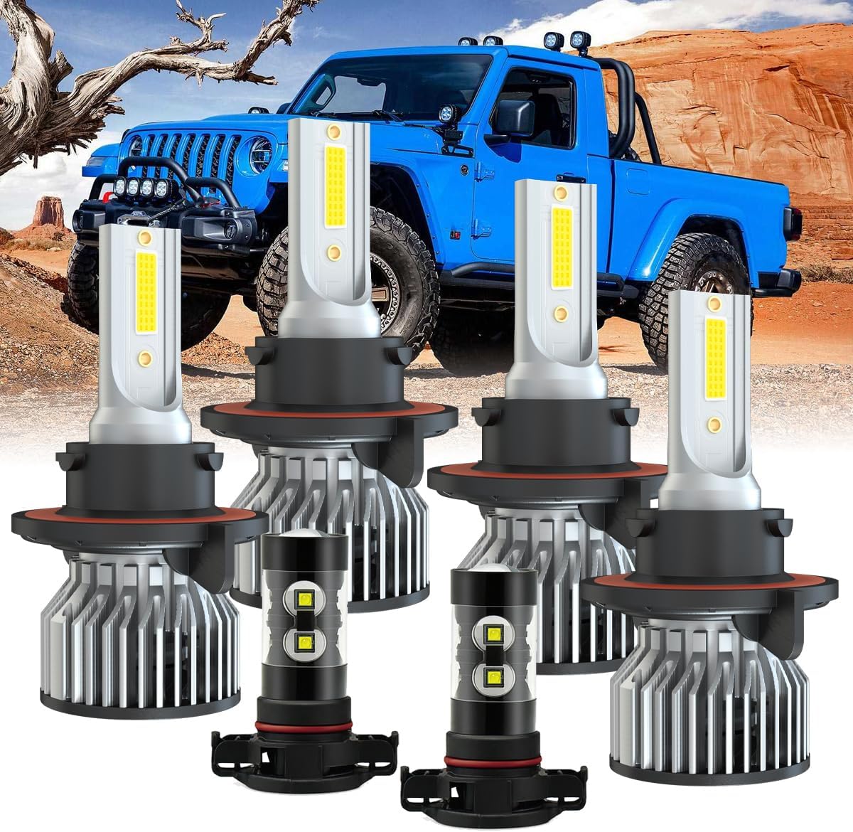 Upgraded Headlight Bulb fit for 2020-2022 Jeep Gladiator,9008/H13 Hi/Lo Bulb+5202 Fog Lights,500% Bright 6000K 33000LM 110W, Mini Size Halogen Replacement Bulb,IP68,4PCS