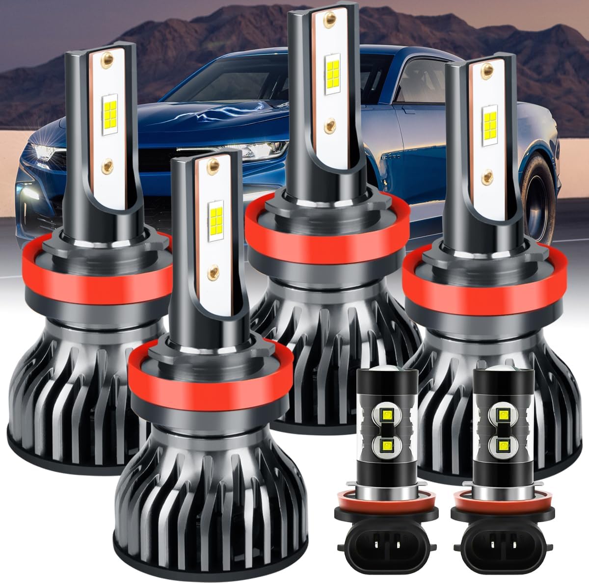fit for Chevy Camaro 2010-2013,9008/H13 Hi/Lo Headlight Bulbs+5202 Fog Light Bulbs,500% Brightness 6000K 38000LM 130W Light Bulbs,Mini Size Headlight Bulbs,IP68,4PCS