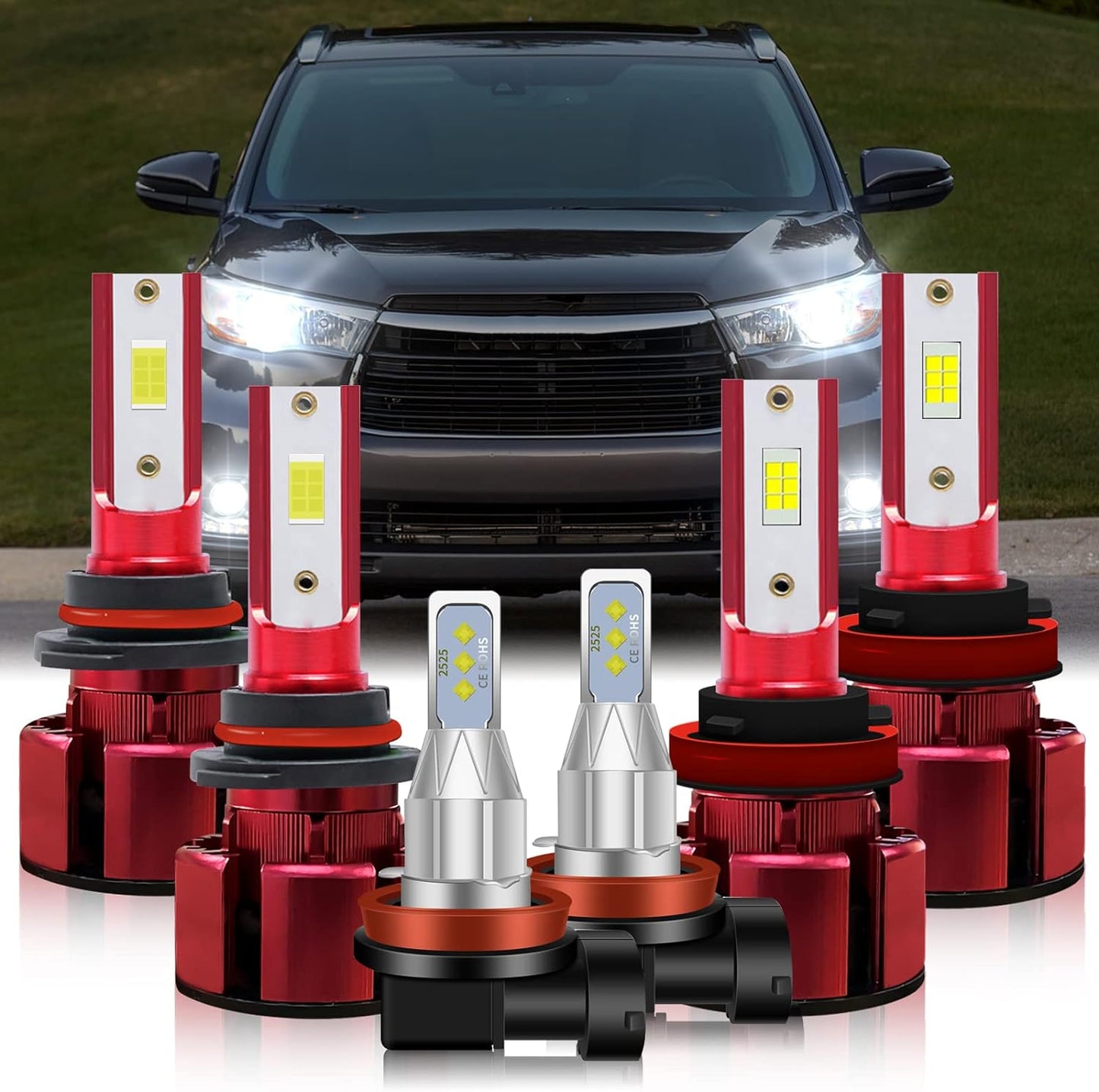 Fit for TOYOTA HIGHLANDER(2014-2019) Headlight Bulbs,9005/HB3 High Beam and H11/H9 Low Beam and H11/H8/H16 Fog Beam Headlight Bulbs 80W Power 38000LM 6500K Cool White 6pcs Bulbs Kit