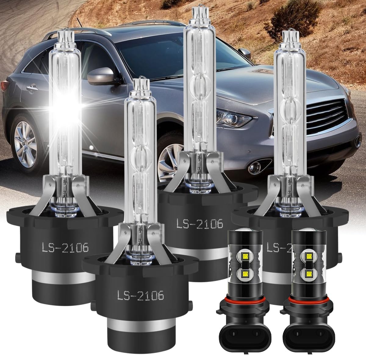 LED Fit For Infiniti FX35 2003-2005,Super White 6000K 18000LM 80W Headlight Bubls,D2S Hi/Lo HID Bulbs+9006/9145 Fog Bulbs,Plug N Play,6PCS
