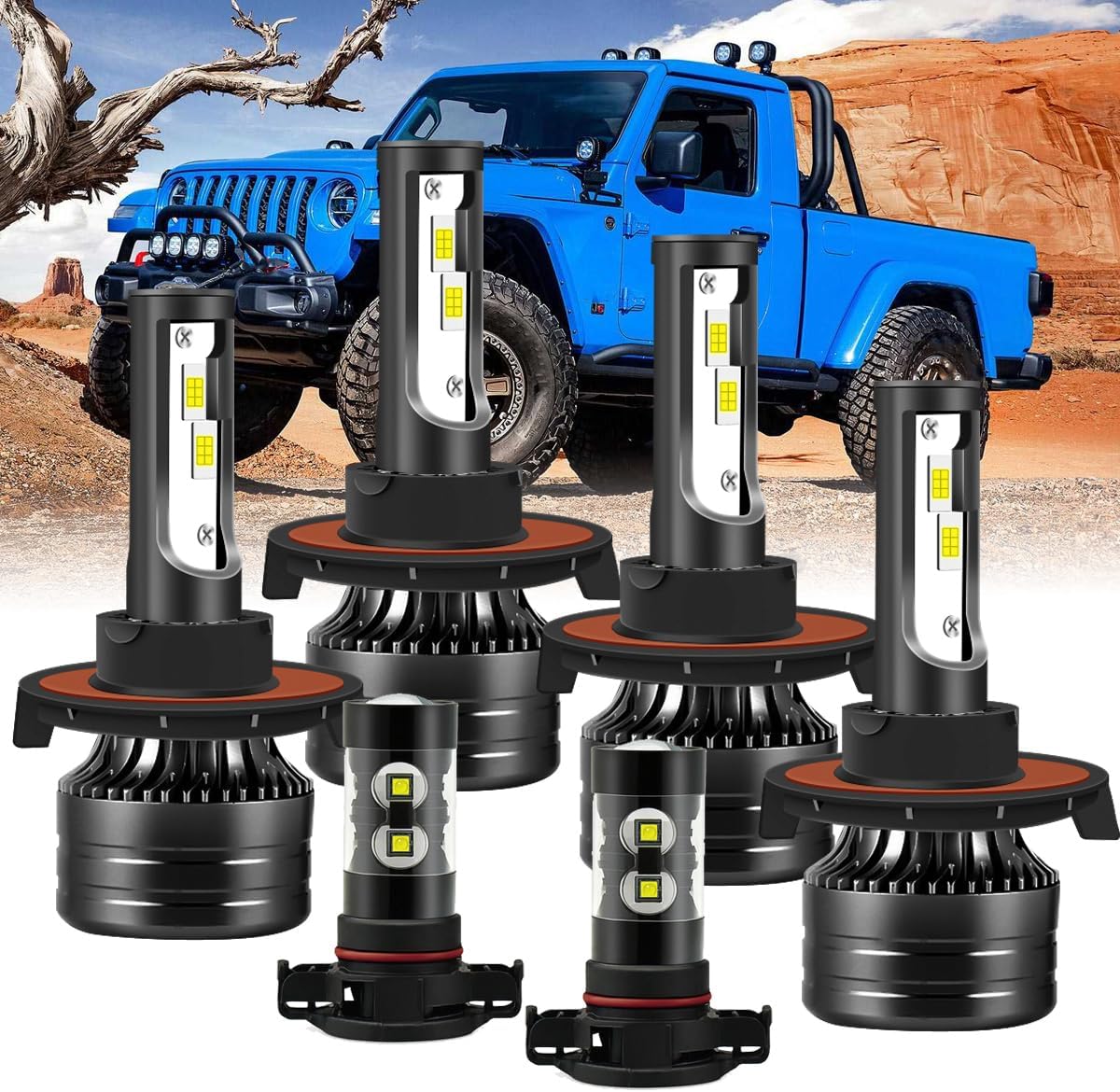 Upgraded Headlight Bulb fit for 2020-2022 Jeep Gladiator,9008/H13 Hi/Lo Bulb+5202 Fog Lights,500% Bright 6000K 33000LM 110W, Mini Size Halogen Replacement Bulb,IP68,4PCS