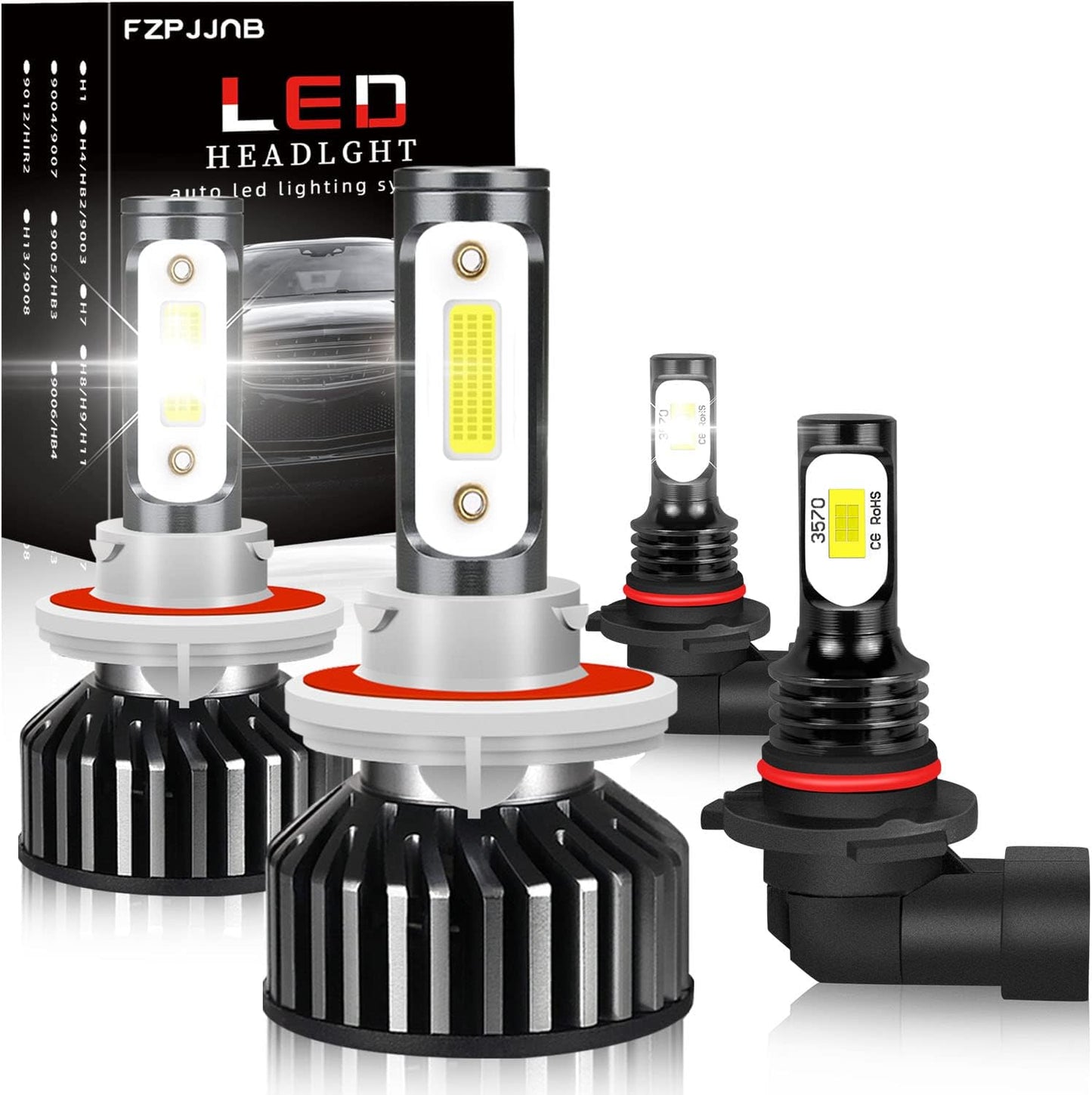 Fit for DODGE RAM 1500 2500 3500 (2002-2005) LED Bulbs 9007 High/Low Beam + 9006 LED Fog Light Bulbs Combo, 300% Brightness, 6000K Cool White, IP68 Waterproof Halogen Replacements, 4PCS