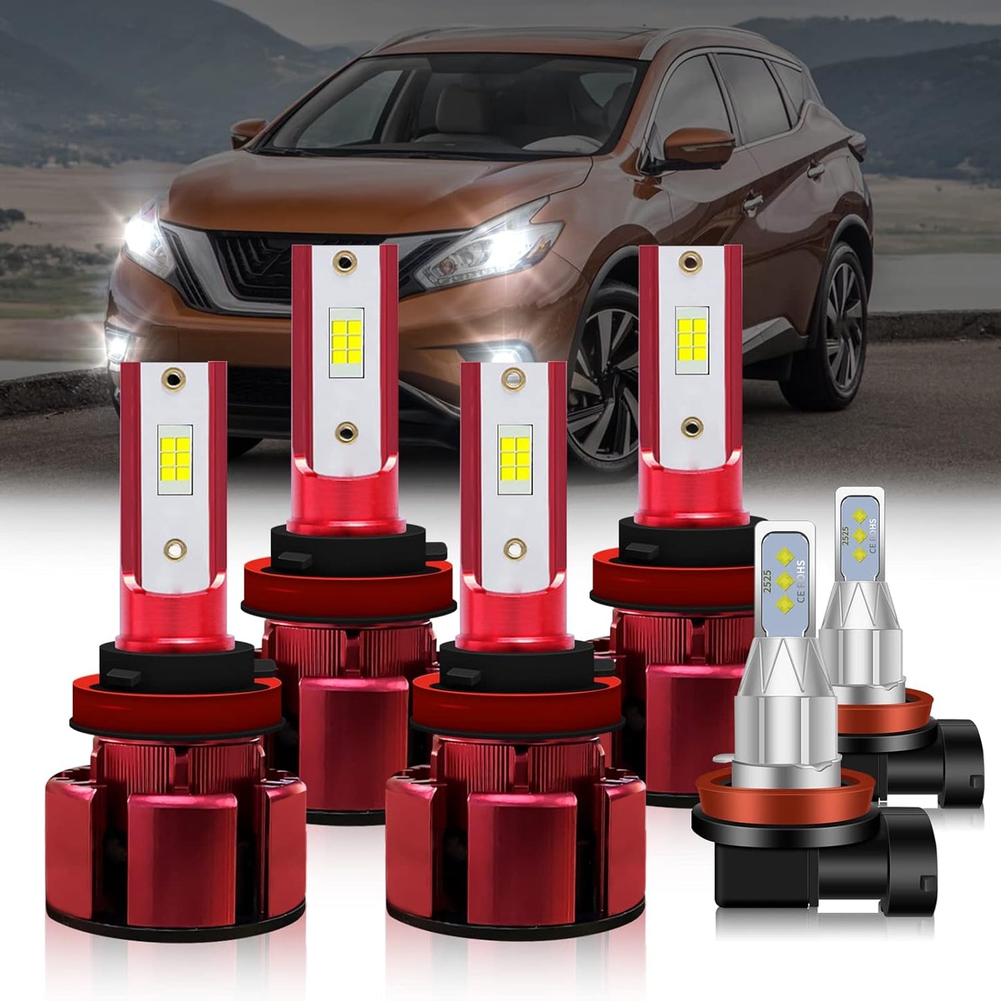 Fit 2015-2018 for NISSAN MURANO Headlight Bulbs,H9/H11 High Beam+H11/H9 Low Beam+H11/H8/H16 Fog Light 500% Brightness Bulbs 38000LM 6500K 80W,1:1 Size Plug-and-Play,6pcs