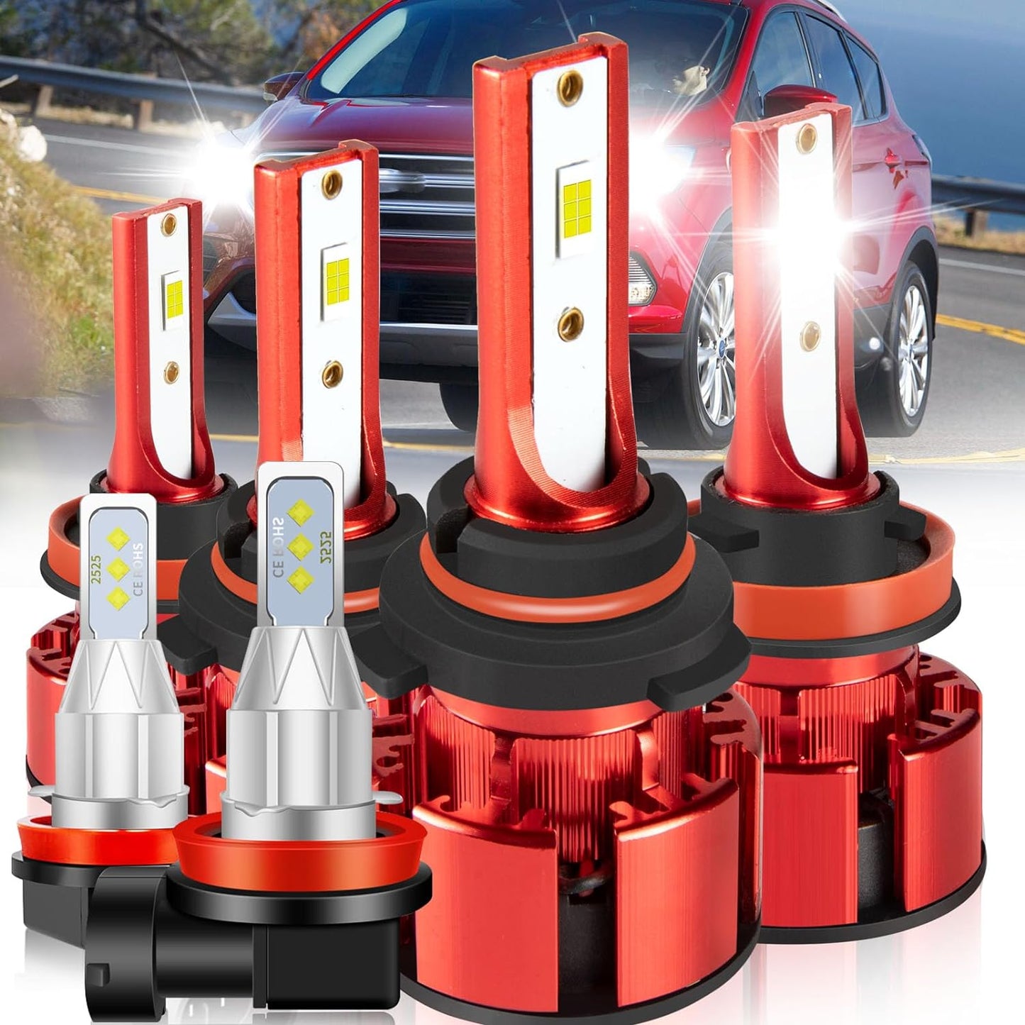 Fit For Ford Escape 2017-2019 LED Headlight Bulbs with Projector, H11 9005 LED Headlight Bulbs High&Low Beam+H11 LED Fog Light bulbs, 6500K 500% Super Bright H11 9005 LED Headlights, 6pcs