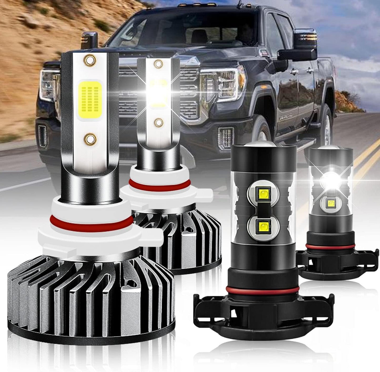 Fit for DODGE RAM 1500 2500 3500 (2002-2005) LED Bulbs 9007 High/Low Beam + 9006 LED Fog Light Bulbs Combo, 300% Brightness, 6000K Cool White, IP68 Waterproof Halogen Replacements, 4PCS
