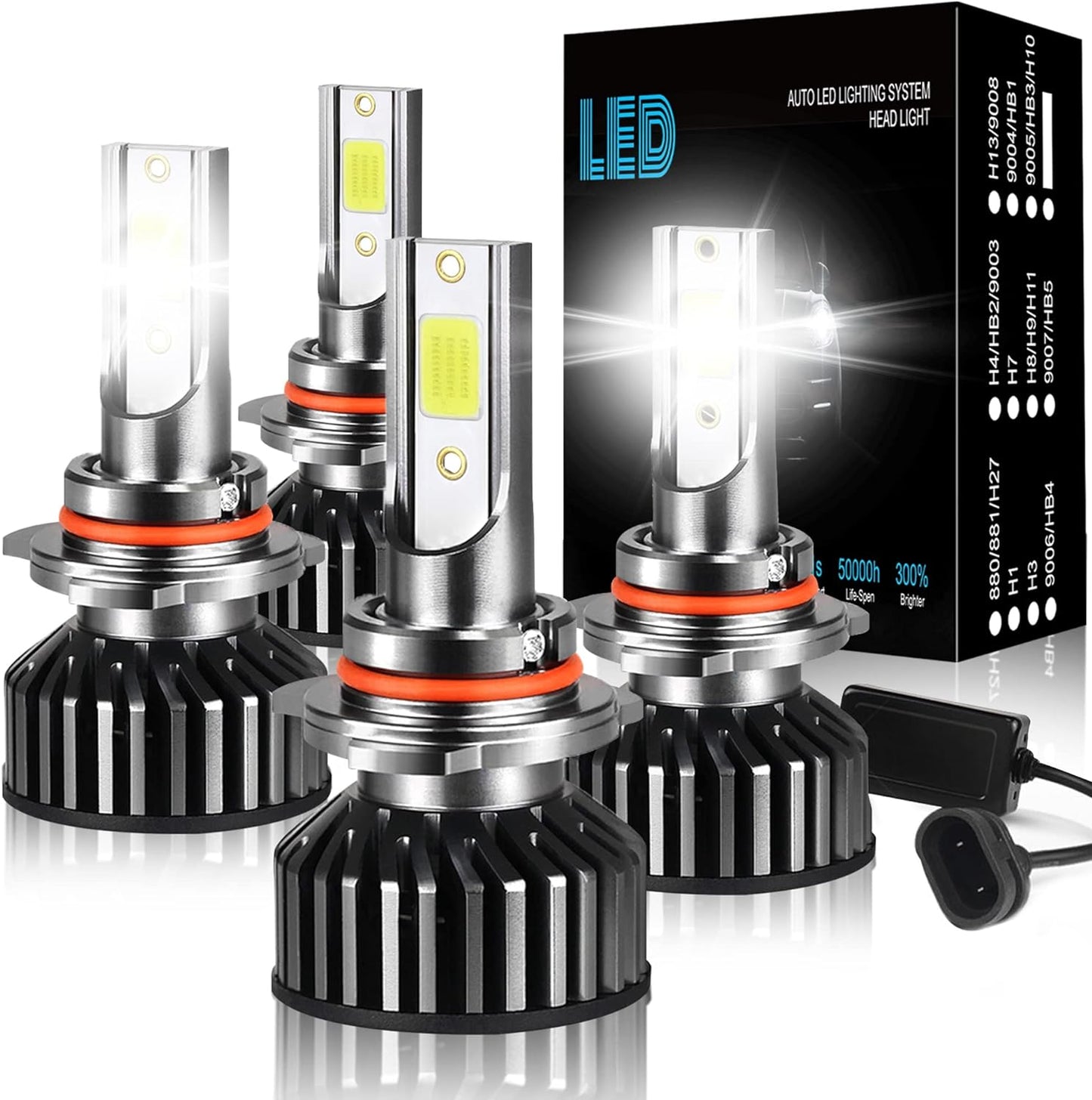 Fit for DODGE RAM 1500 2500 3500 (2002-2005) LED Bulbs 9007 High/Low Beam + 9006 LED Fog Light Bulbs Combo, 300% Brightness, 6000K Cool White, IP68 Waterproof Halogen Replacements, 4PCS