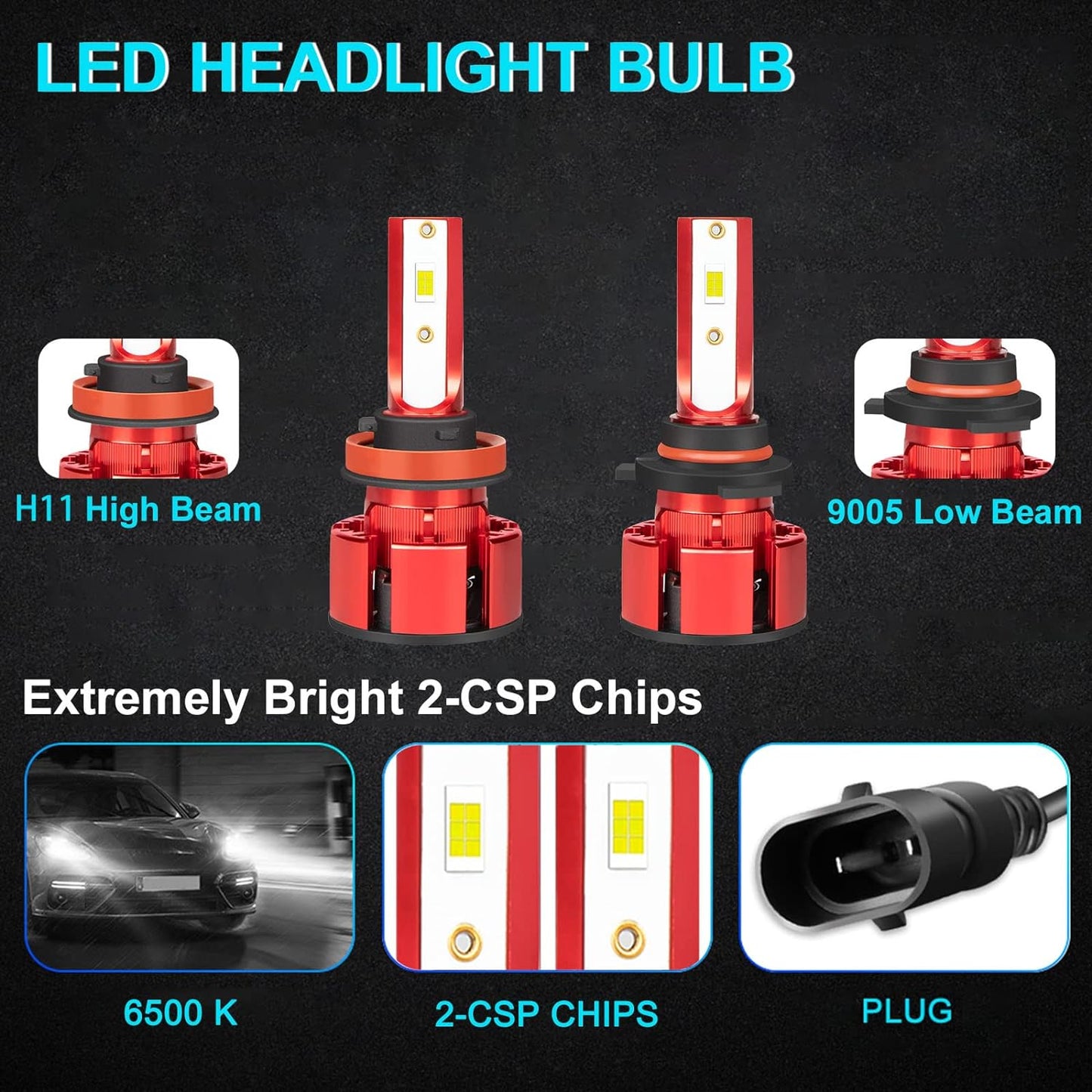 Fit For Ford Escape 2017-2019 LED Headlight Bulbs with Projector, H11 9005 LED Headlight Bulbs High&Low Beam+H11 LED Fog Light bulbs, 6500K 500% Super Bright H11 9005 LED Headlights, 6pcs