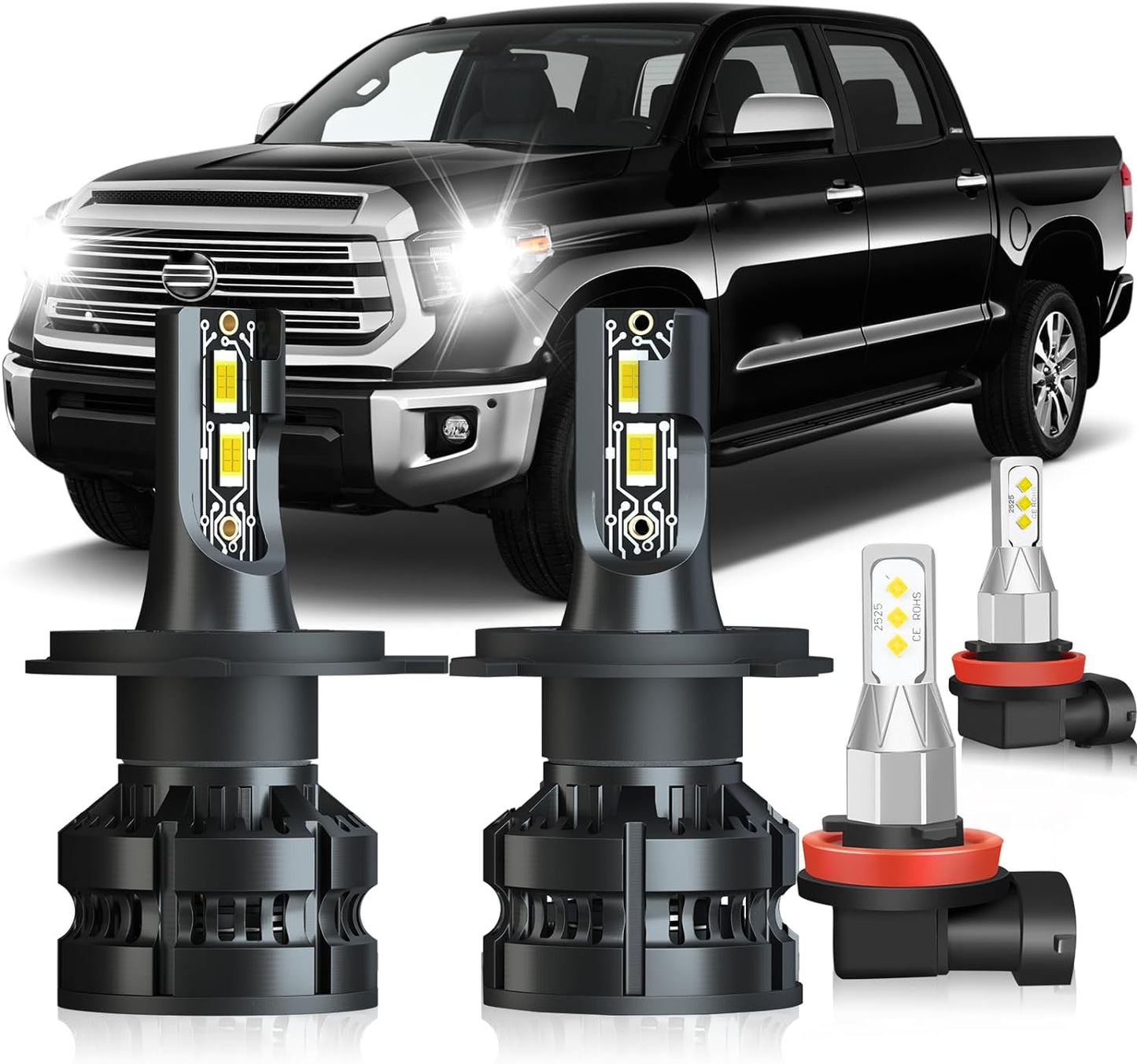 Fit For Toyota Tundra 2014 2015 2016 2017 2018 2019 2020 2021 LED Headlight Bulbs H4 High Low Beam Headlight Bulbs + H11 Fog Light Bulbs, Super Bright 6500K Cool White, Pack of 4