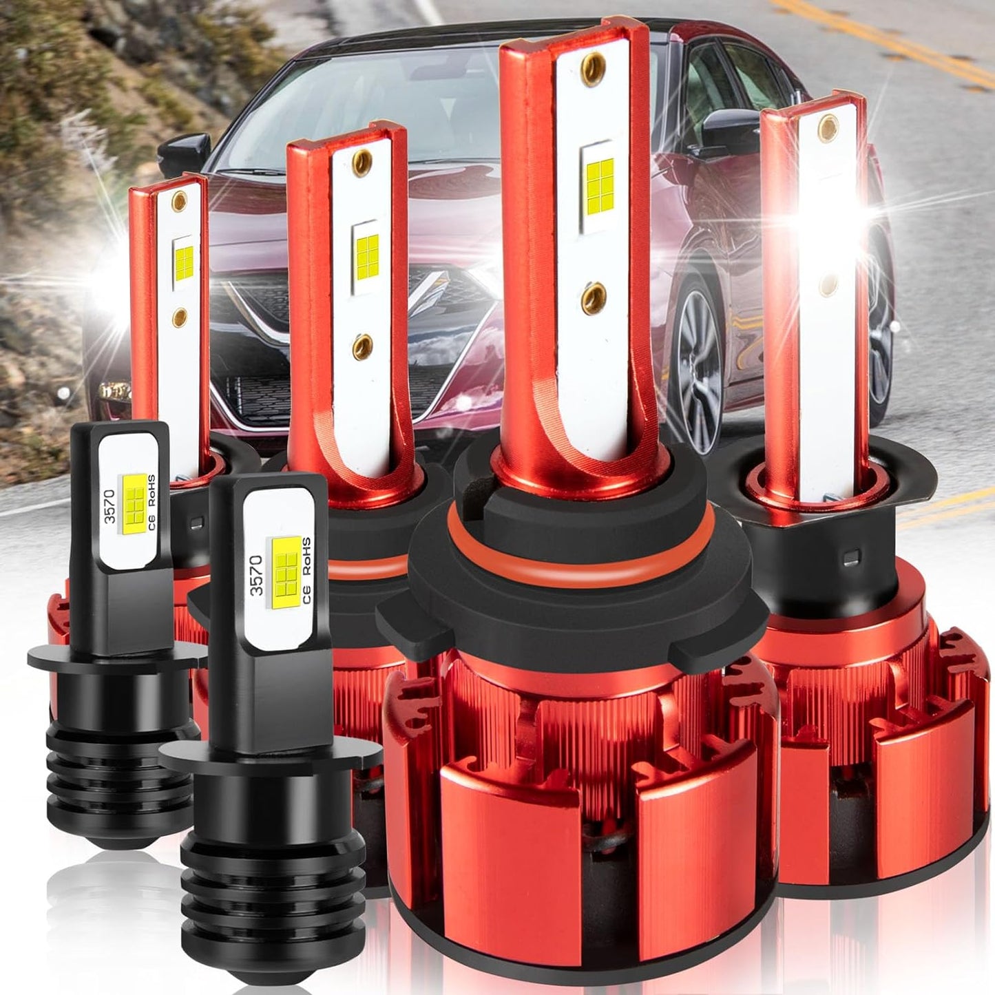 For Nissan Maxima 2009-2014 Led Bulbs, 9005 H11 Led Lights High&Low Beam+H11 LED Fog Lights, 500% Ultra Brighter 9005 H11 Led Light Bulb, 1:1 Mini Size, 6500K, 6PCS 9005 H11 H11 Led Lights