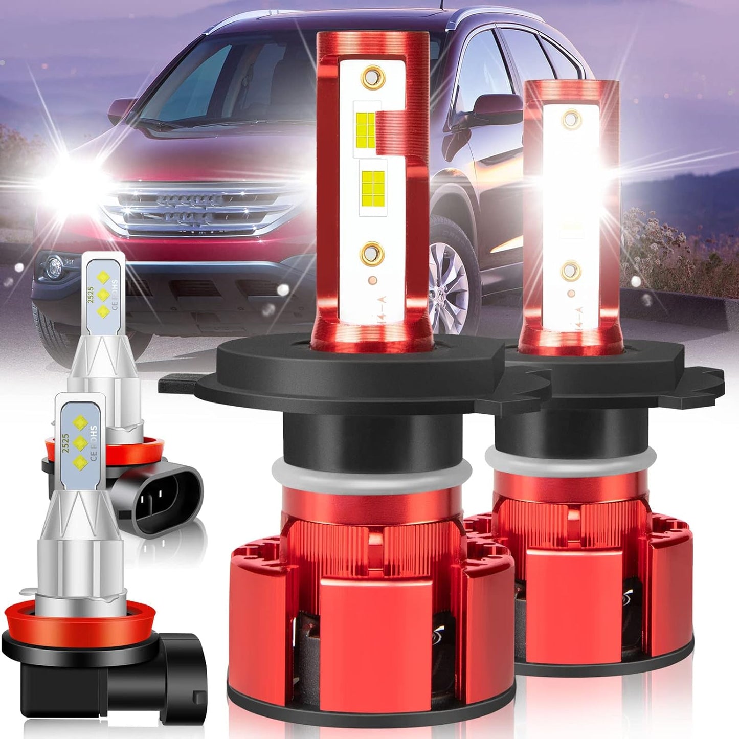 For Jeep Renegade 2015-2021 Led Lights, 9008/H13 Light Bulbs High&Low Beam+H11 LED Fog Lights，6500K White 500% Super Bright 1:1 Size 9008/H13 Led Light Bulb, 4Pcs 9008/H13 H11 Led Bulbs