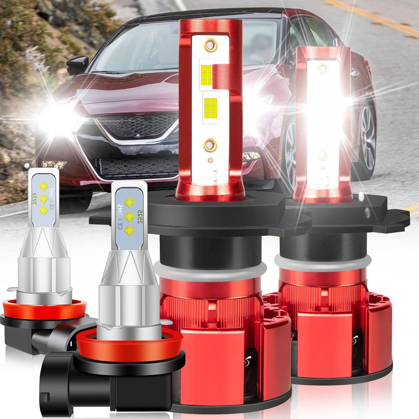 For Nissan Maxima 2009-2014 Led Bulbs, 9005 H11 Led Lights High&Low Beam+H11 LED Fog Lights, 500% Ultra Brighter 9005 H11 Led Light Bulb, 1:1 Mini Size, 6500K, 6PCS 9005 H11 H11 Led Lights