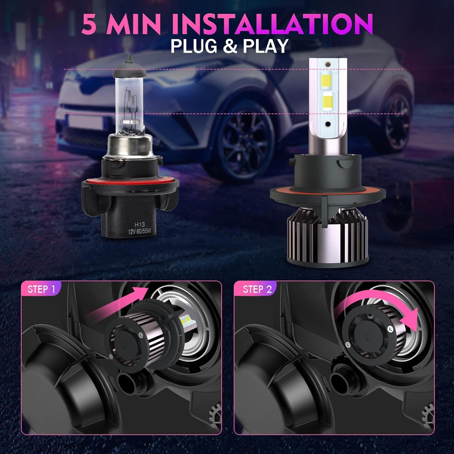 Fit For GMC Yukon XL (2007-2014) LED Bulbs, H13 High/Low Beam Led Bulbs+5202 Led Fog Light Bulbs With 6000K Cool White, IP68 Waterproof Plug and Play, 4PCS