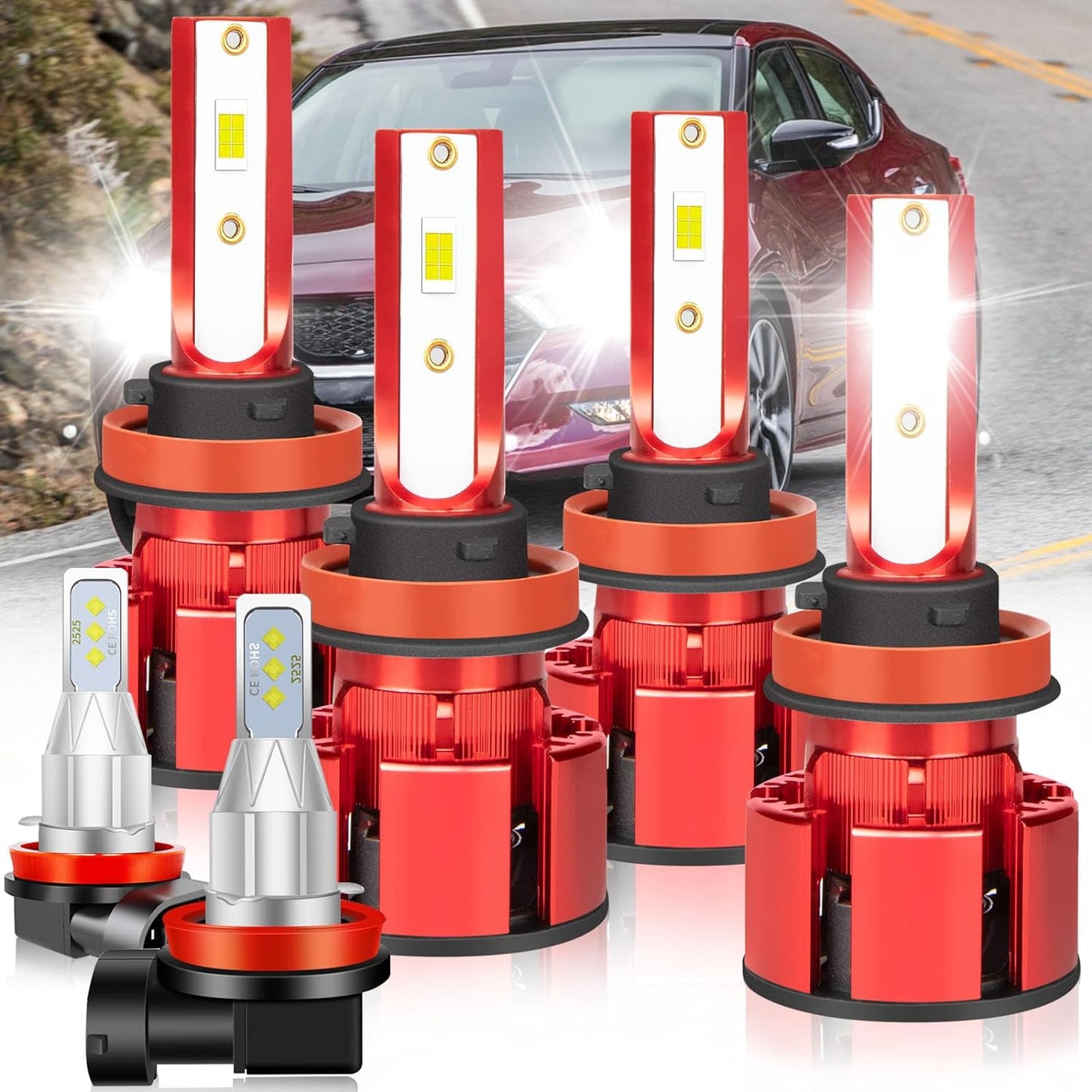 For Nissan Maxima 2009-2014 Led Bulbs, 9005 H11 Led Lights High&Low Beam+H11 LED Fog Lights, 500% Ultra Brighter 9005 H11 Led Light Bulb, 1:1 Mini Size, 6500K, 6PCS 9005 H11 H11 Led Lights