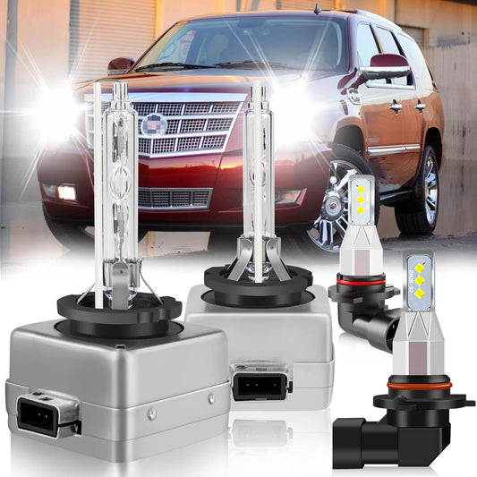 Fit For Cadillac Escalade 2007-2014 Headlight Bulbs, D1S Hid Headlight Bulb+9145/H10 LED Fog Light Bulbs, Xenon HID Headlight 6500K 36000LM High Low Beam, 4pcs Super Bright D1S Hid Headlights
