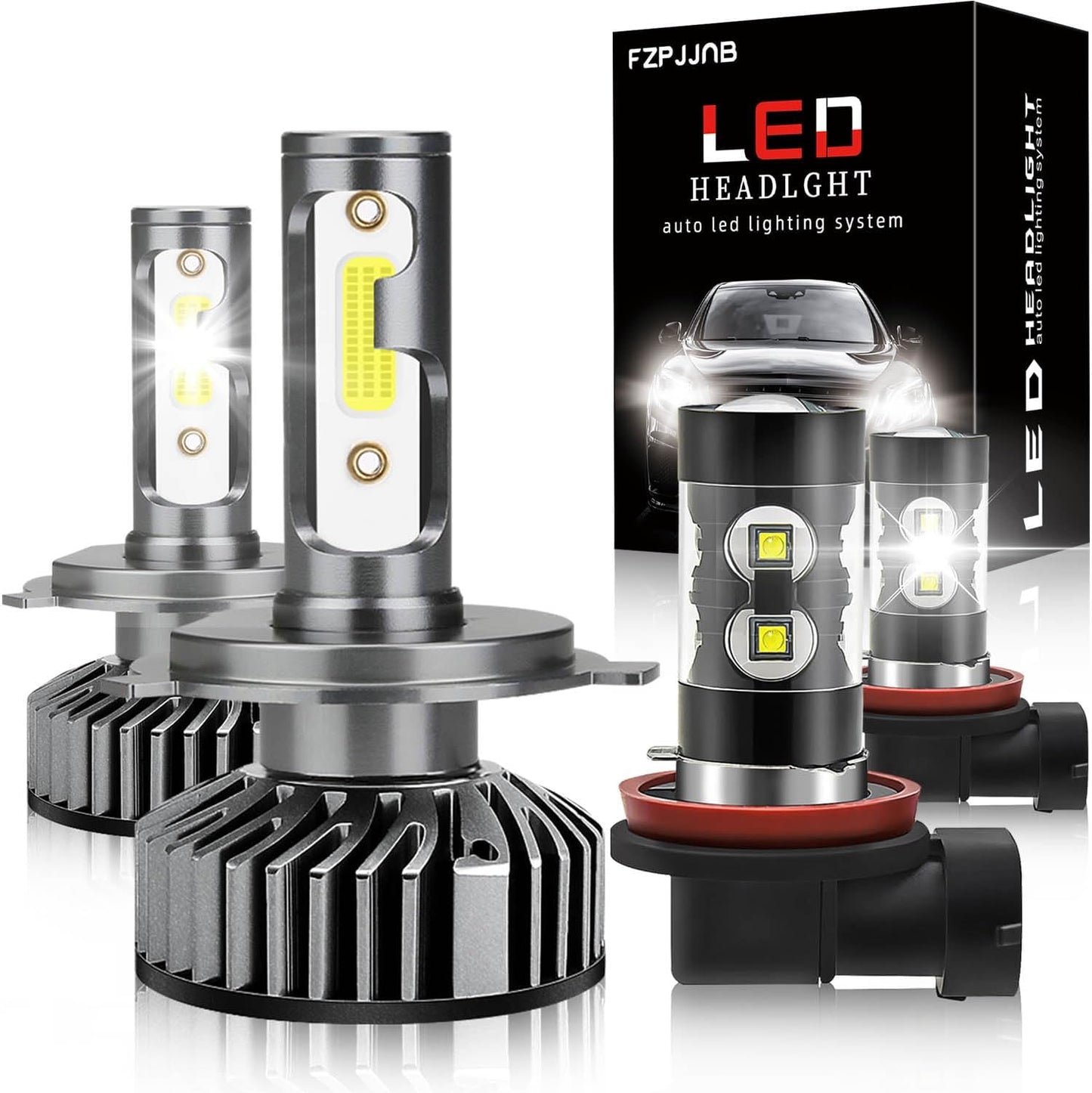 Fit for Nissan Versa (2007-2017) LED Bulbs Combo H4 High/Low Beam + H11 Fog Light LED Bulbs, 6000K Cool White LED Headlamps, Easy Installation Halogen Replacements, Pack of 4