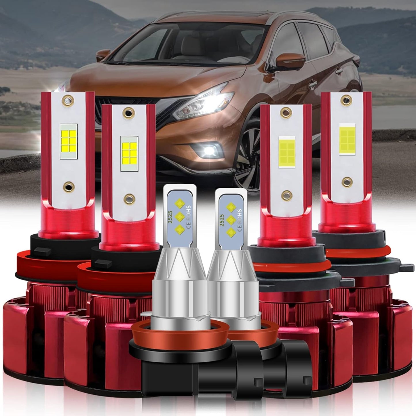 Fit 2009-2014 for NISSAN MURANO Headlight Bulbs,9005/HB3 High Beam+H11/H9 Low Beam+H11/H8/H16 Fog Light 500% Brightness Bulbs 38000LM 6500K 80W,1:1 Size Plug-and-Play,6pcs