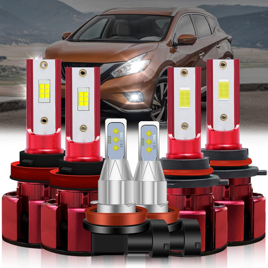 Fit 2009-2014 for NISSAN MURANO Headlight Bulbs,9005/HB3 High Beam+H11/H9 Low Beam+H11/H8/H16 Fog Light 500% Brightness Bulbs 38000LM 6500K 80W,1:1 Size Plug-and-Play,6pcs