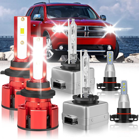 Fit for Dodge Durango 2011-2013 Led Headlight Bulbs, HB3/9005 Led Headlight Bulbs High Beam+D1S Hid Headlight Bulbs Low Beam+5202 Led Fog Light Bulbs 6500K 500% Brightness 6PCS Headlights