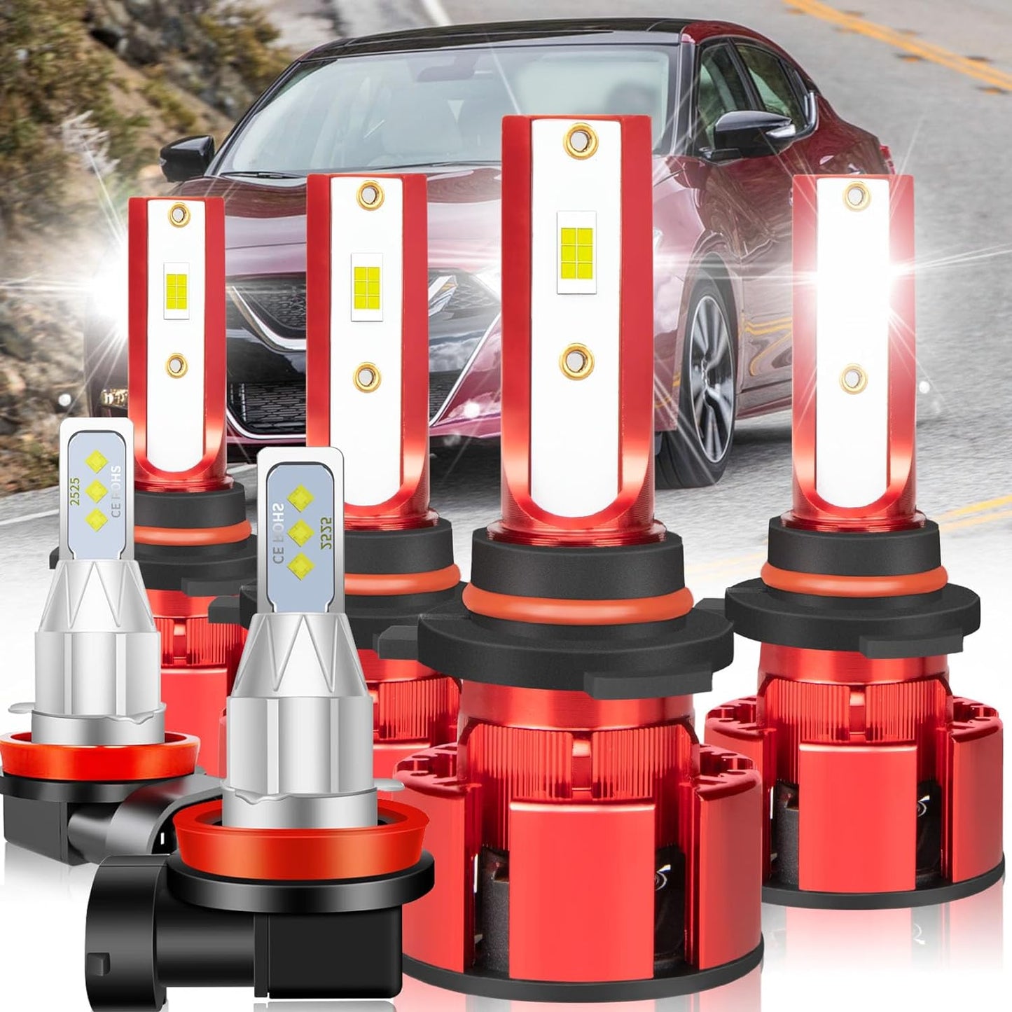 For Nissan Maxima 2009-2014 Led Bulbs, 9005 H11 Led Lights High&Low Beam+H11 LED Fog Lights, 500% Ultra Brighter 9005 H11 Led Light Bulb, 1:1 Mini Size, 6500K, 6PCS 9005 H11 H11 Led Lights
