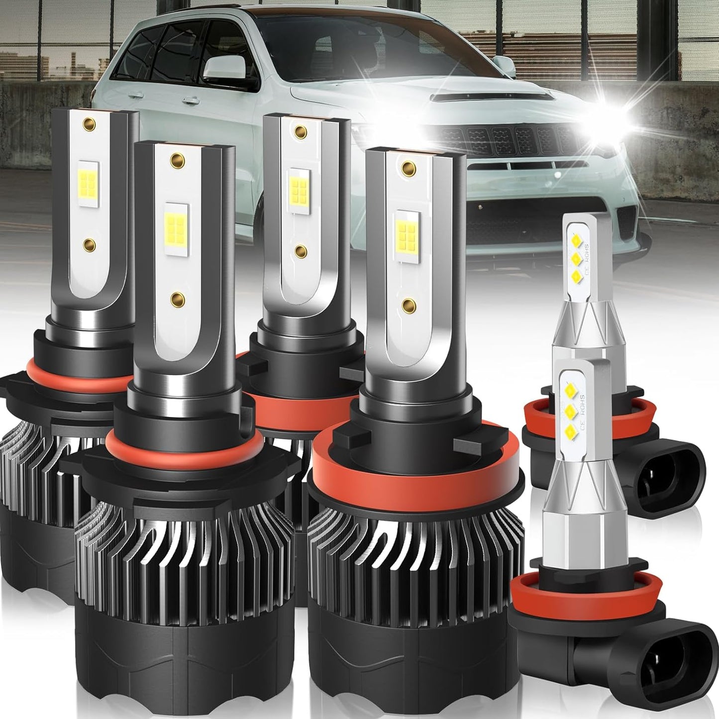 Fit for Jeep Grand Cherokee (2017-2021) H11 High Beam+H11 Low Beam LED Headlight Bulbs + H11 LED Fog Light Bulbs, 1:1 Mini Size Led Bulbs 6500K Cool White Plug and Play, 6PCS