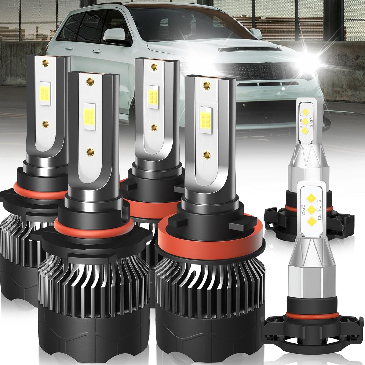 Fit for Jeep Grand Cherokee (2011 2012 2013) 9005+H11 High/Low Beam LED Headlight Bulbs + 5202 LED Fog Light Bulbs, 1:1 Mini Size Led Bulbs 6500K Cool White Plug and Play, 6PCS