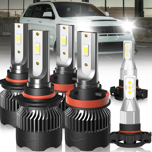 Fit for Jeep Grand Cherokee (2011 2012 2013) 9005+H11 High/Low Beam LED Headlight Bulbs + 5202 LED Fog Light Bulbs, 1:1 Mini Size Led Bulbs 6500K Cool White Plug and Play, 6PCS