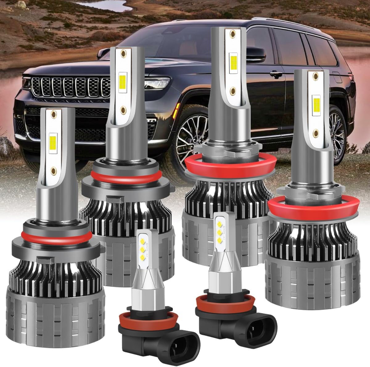 Fit for Jeep Grand Cherokee 2017-2021 Headlight Bulbs,Upgraded H11 High Beam+H11 Low Beam+H11 Fog Bulbs,6000K Cool White 38000LM 130W,Farther & Clearer,6PCS