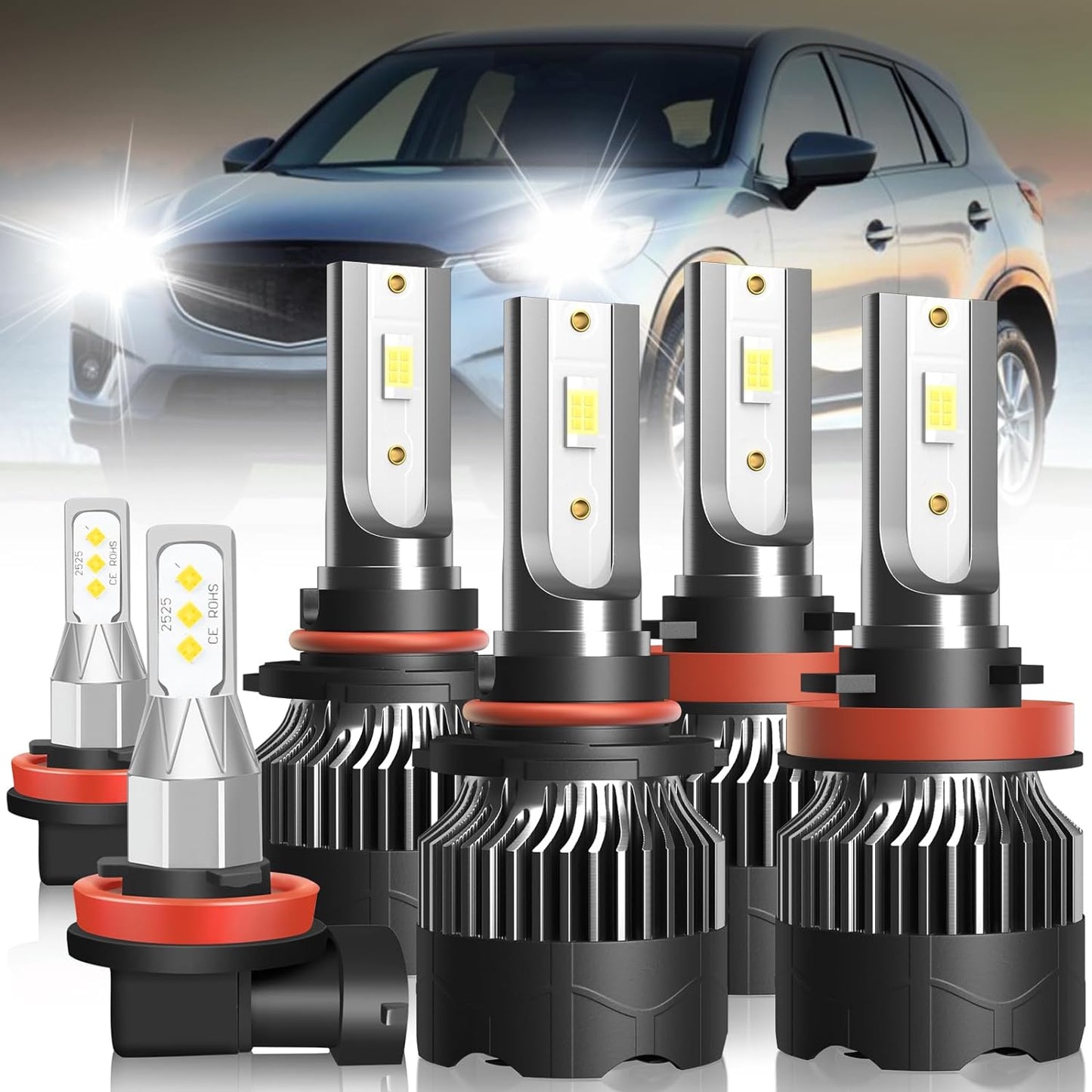 Fit For Lexus ES350 2007 2008 2009 Led Headlight Bulbs, 9005 High Beam+H7 Low Beam Led Bulbs+9006 LED Fog Light Bulbs Kit 36000LM 500% Brightness 6000K Cool White Headlight Bulbs, 6PCS