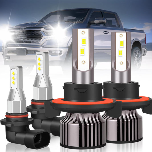 For Dodge Ram 1500 2500 3500 (2006-2008) LED Headlight Bulbs, 1:1 Mini Size 6000K Cool White Plug and Play 9008 High/Low Beam and 9145 Fog Light Bulbs Halogen Replacement, 4PCS