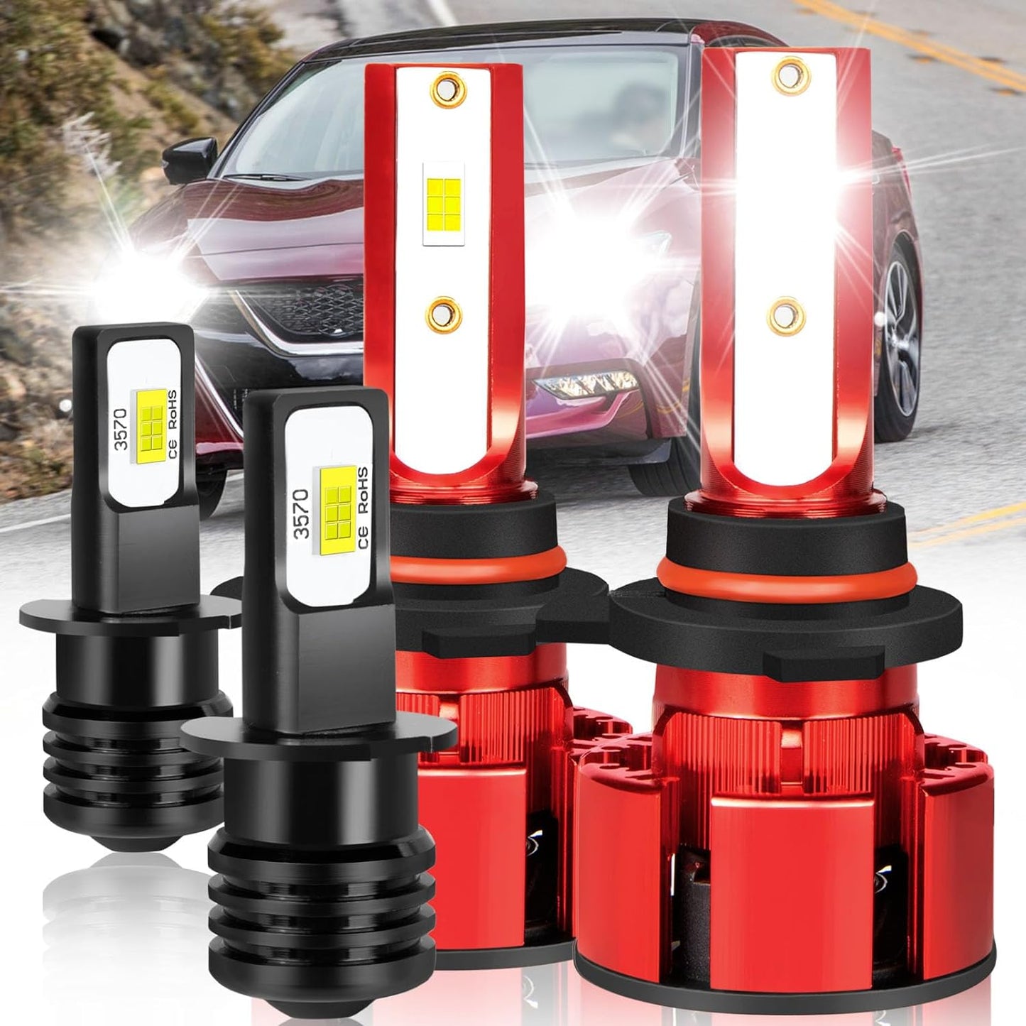 For Nissan Maxima 2009-2014 Led Bulbs, 9005 H11 Led Lights High&Low Beam+H11 LED Fog Lights, 500% Ultra Brighter 9005 H11 Led Light Bulb, 1:1 Mini Size, 6500K, 6PCS 9005 H11 H11 Led Lights