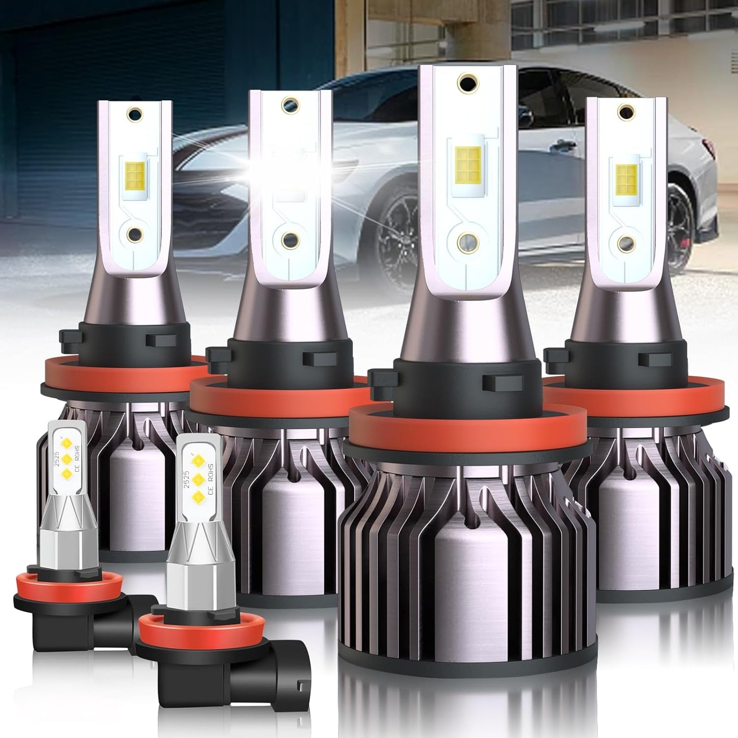 Fit for Jeep Grand Cherokee (2017-2021) H11 High Beam+H11 Low Beam LED Headlight Bulbs + H11 LED Fog Light Bulbs, 1:1 Mini Size Led Bulbs 6500K Cool White Plug and Play, 6PCS