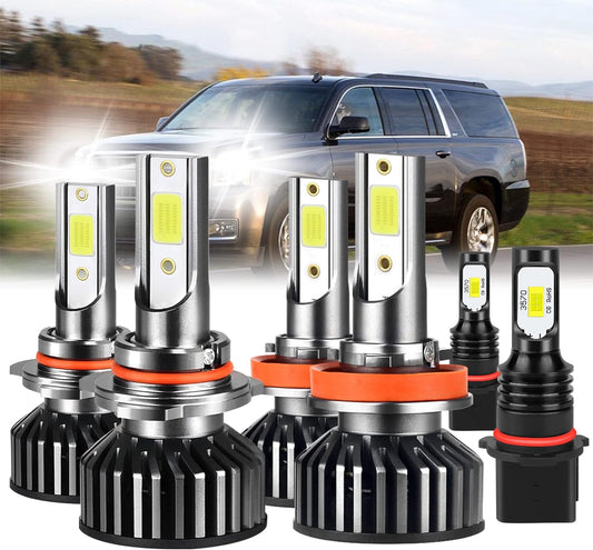 Fit for GMC Yukon 2015-2018 LED Bulbs Combo, 9005/HB3 High Beam+H11 Low Beam+PSX26W LED Fog Light Bulbs Kits, 6000K Cool White 11000LM Brighter, Pack of 6