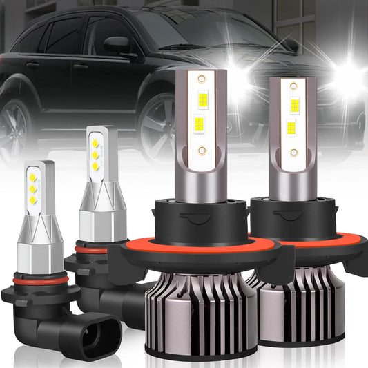 For Dodge Caliber (2007-2009) LED Headlight Bulbs, 1:1 Mini Size 6000K Cool White Plug and Play 9008 High/Low Beam and 9145 Fog Light Bulbs Halogen Replacement, 4PCS