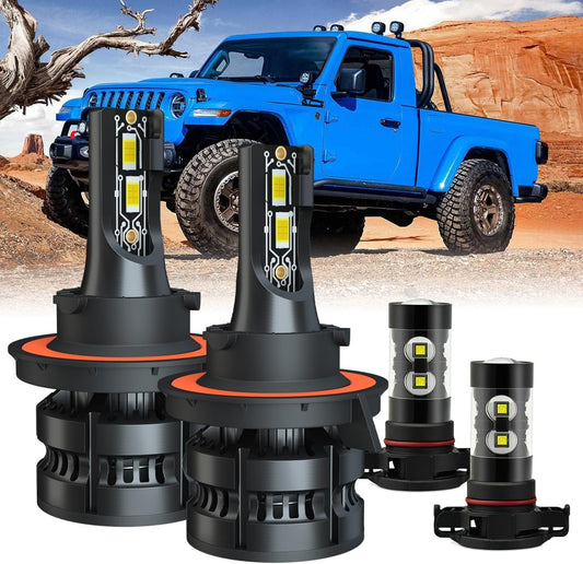 Upgraded Headlight Bulb fit for 2020-2022 Jeep Gladiator,9008/H13 Hi/Lo Bulb+5202 Fog Lights,500% Bright 6000K 33000LM 110W, Mini Size Halogen Replacement Bulb,IP68,4PCS
