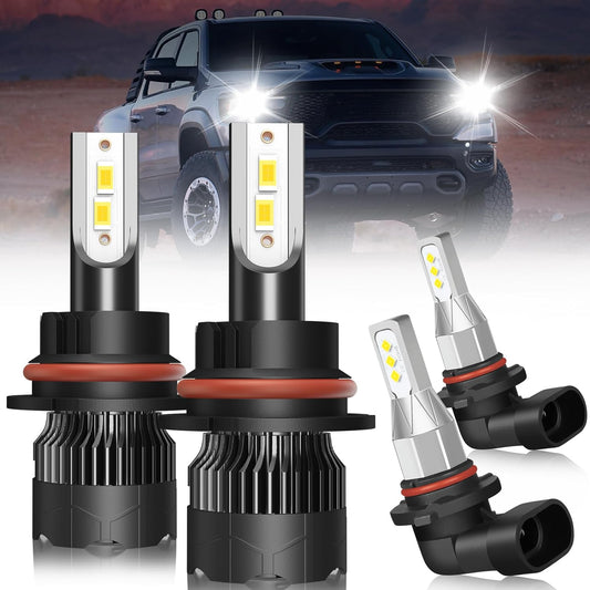 9007 LED Headlight Bulbs For Dodge Ram 1500 2500 3500 (2002-2005), 2 PCS 9007 High/Low Beam Led Bulbs+2 PCS 9145 Led Fog Light Bulbs 500% Brightness 6000K Cool White Plug and Play
