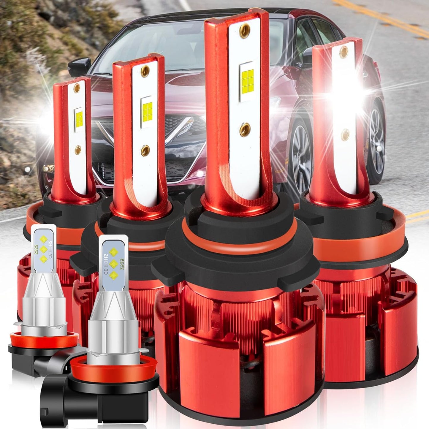 For Nissan Maxima 2009-2014 Led Bulbs, 9005 H11 Led Lights High&Low Beam+H11 LED Fog Lights, 500% Ultra Brighter 9005 H11 Led Light Bulb, 1:1 Mini Size, 6500K, 6PCS 9005 H11 H11 Led Lights
