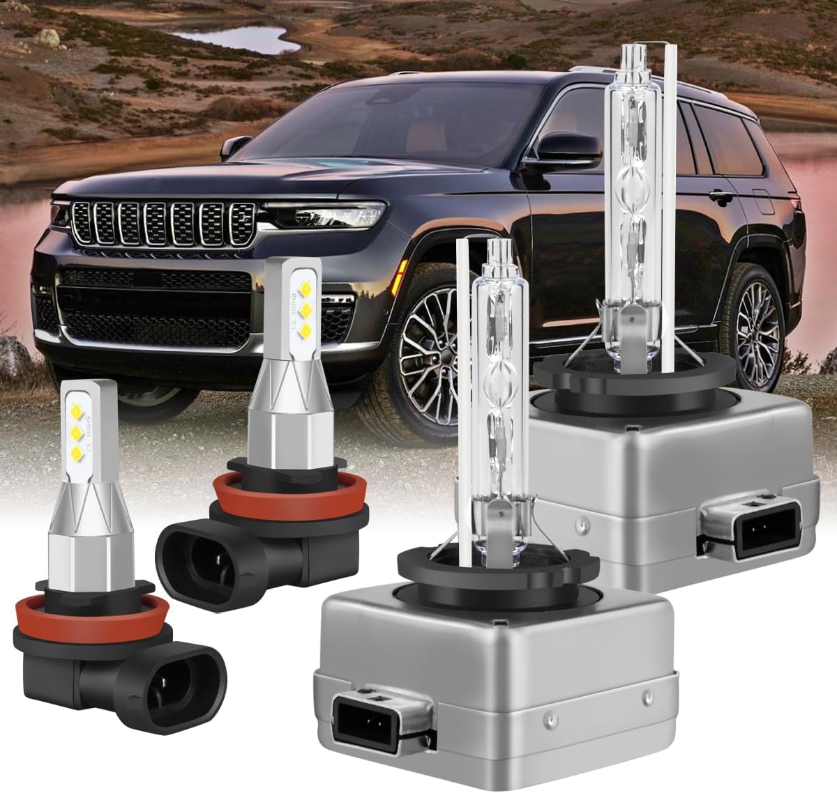 Fit for Jeep Grand Cherokee 2017-2021 Headlight Bulbs,Upgraded H11 High Beam+H11 Low Beam+H11 Fog Bulbs,6000K Cool White 38000LM 130W,Farther & Clearer,6PCS
