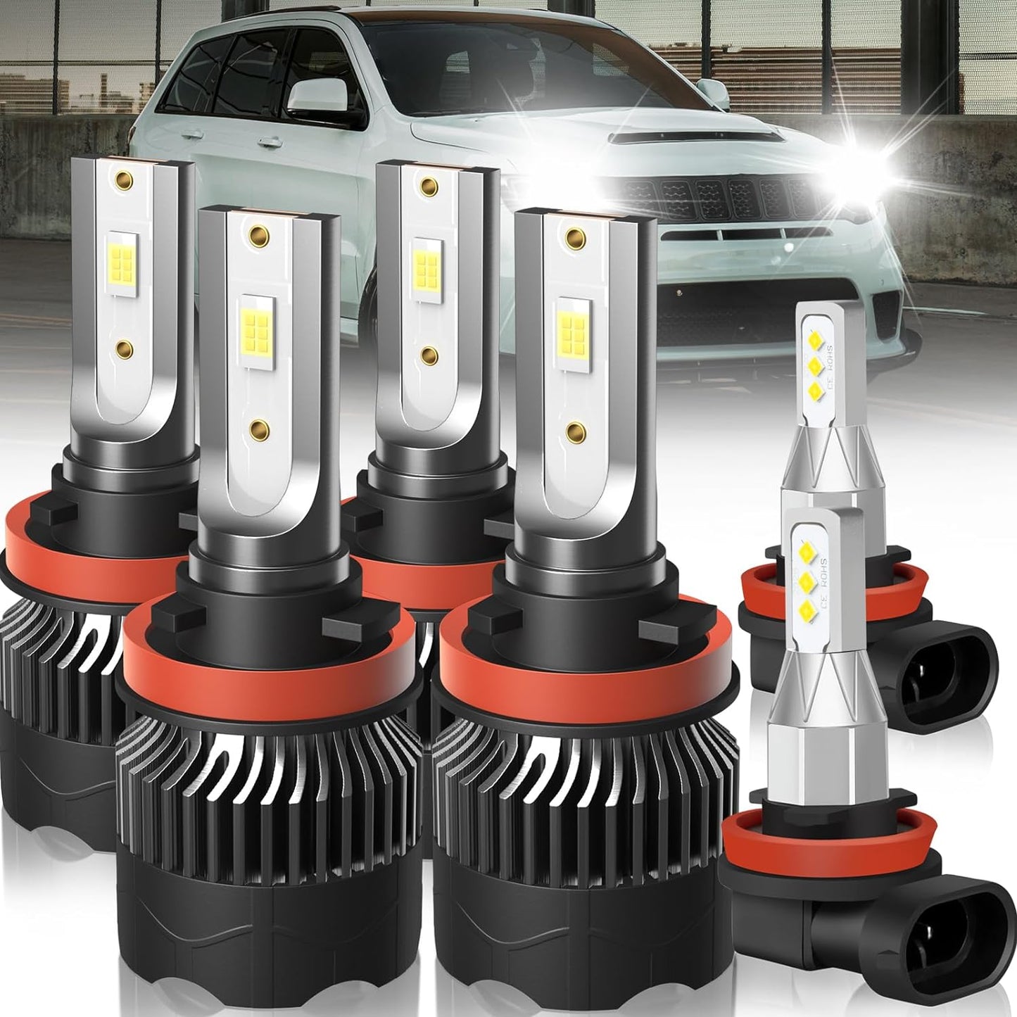 Fit for Jeep Grand Cherokee (2017-2021) H11 High Beam+H11 Low Beam LED Headlight Bulbs + H11 LED Fog Light Bulbs, 1:1 Mini Size Led Bulbs 6500K Cool White Plug and Play, 6PCS