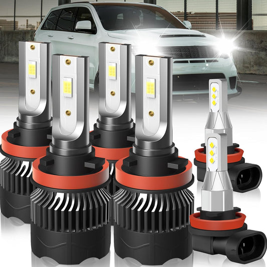 Fit for Jeep Grand Cherokee (2017-2021) H11 High Beam+H11 Low Beam LED Headlight Bulbs + H11 LED Fog Light Bulbs, 1:1 Mini Size Led Bulbs 6500K Cool White Plug and Play, 6PCS