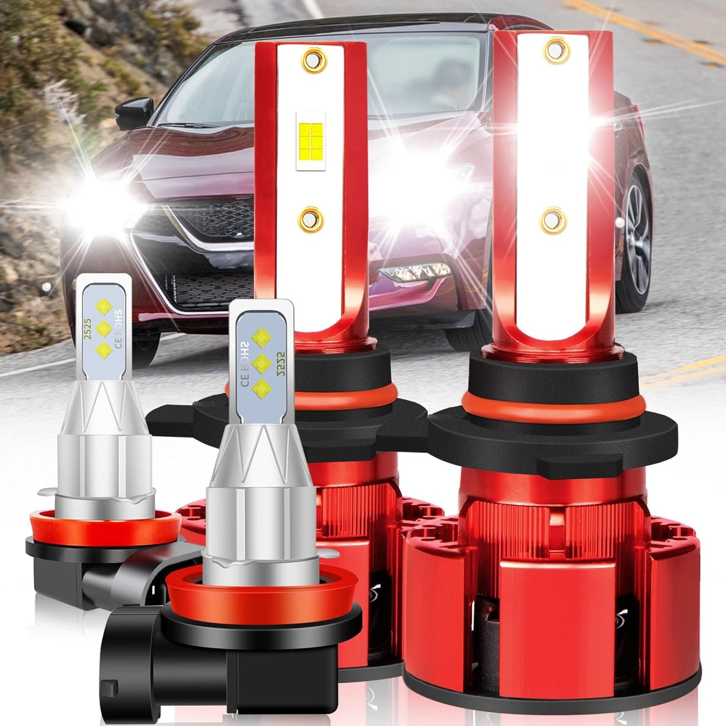 For Nissan Maxima 2009-2014 Led Bulbs, 9005 H11 Led Lights High&Low Beam+H11 LED Fog Lights, 500% Ultra Brighter 9005 H11 Led Light Bulb, 1:1 Mini Size, 6500K, 6PCS 9005 H11 H11 Led Lights