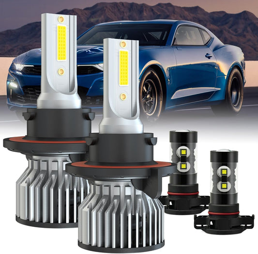 fit for Chevy Camaro 2010-2013,9008/H13 Hi/Lo Headlight Bulbs+5202 Fog Light Bulbs,500% Brightness 6000K 38000LM 130W Light Bulbs,Mini Size Headlight Bulbs,IP68,4PCS